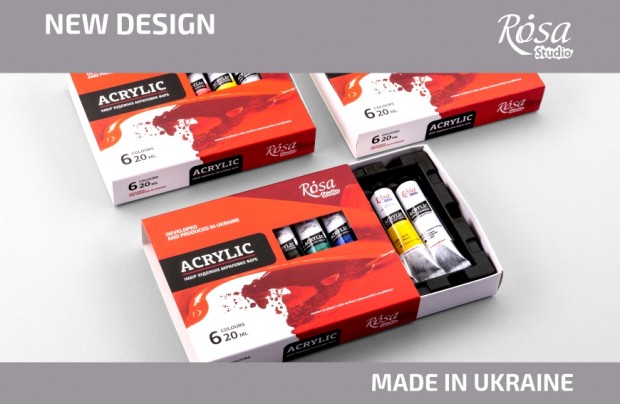 Updated packaging for the ROSA Studio acrylic paint set with 6 colours