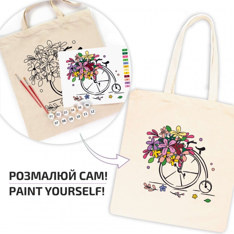 Set, ecobag-coloring, „Flower Bicycle“, cotton 220 gsm, 38x42 cm, ROSA Talent