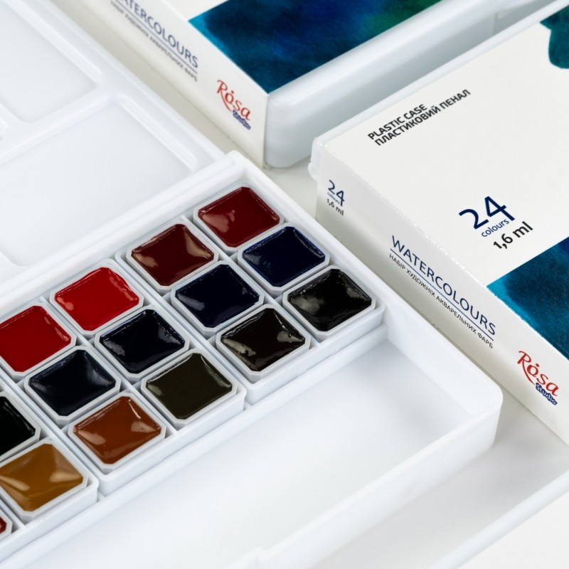 ROSA Studio watercolour paint set for 24 colours in half cuvettes and plastic case