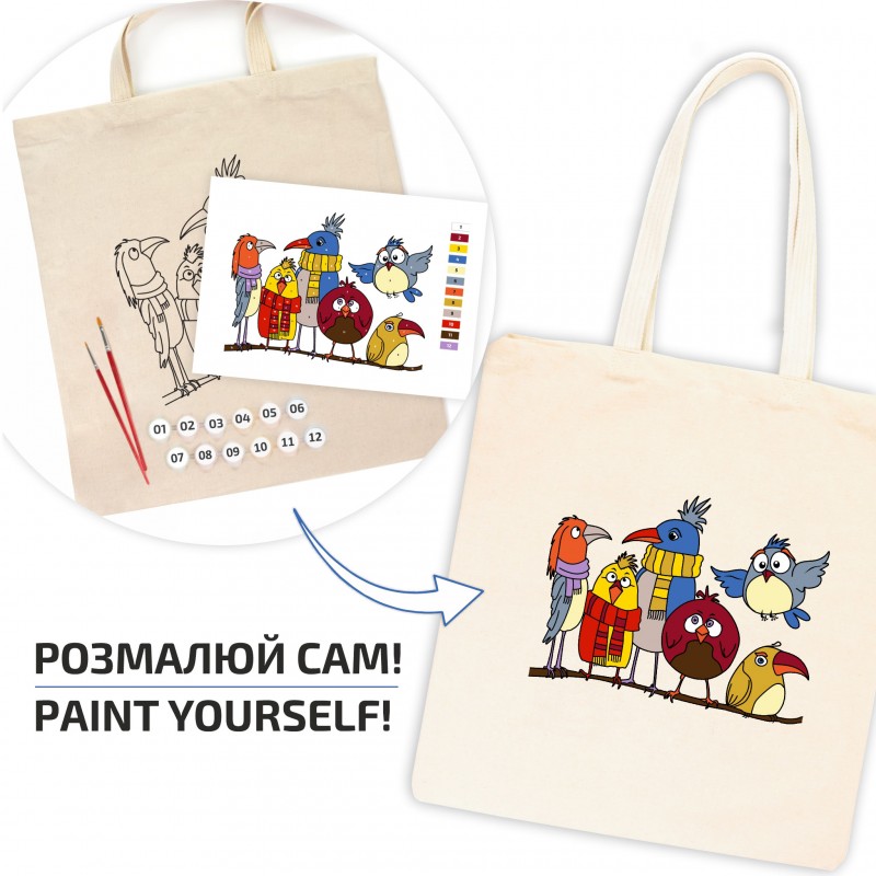 Set, ecobag-coloring, „Funny Birds“, cotton 220 gsm, 38x42 cm, ROSA Talent