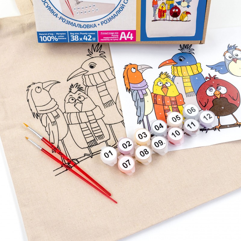 Set, ecobag-coloring, „Funny Birds“, cotton 220 gsm, 38x42 cm, ROSA Talent