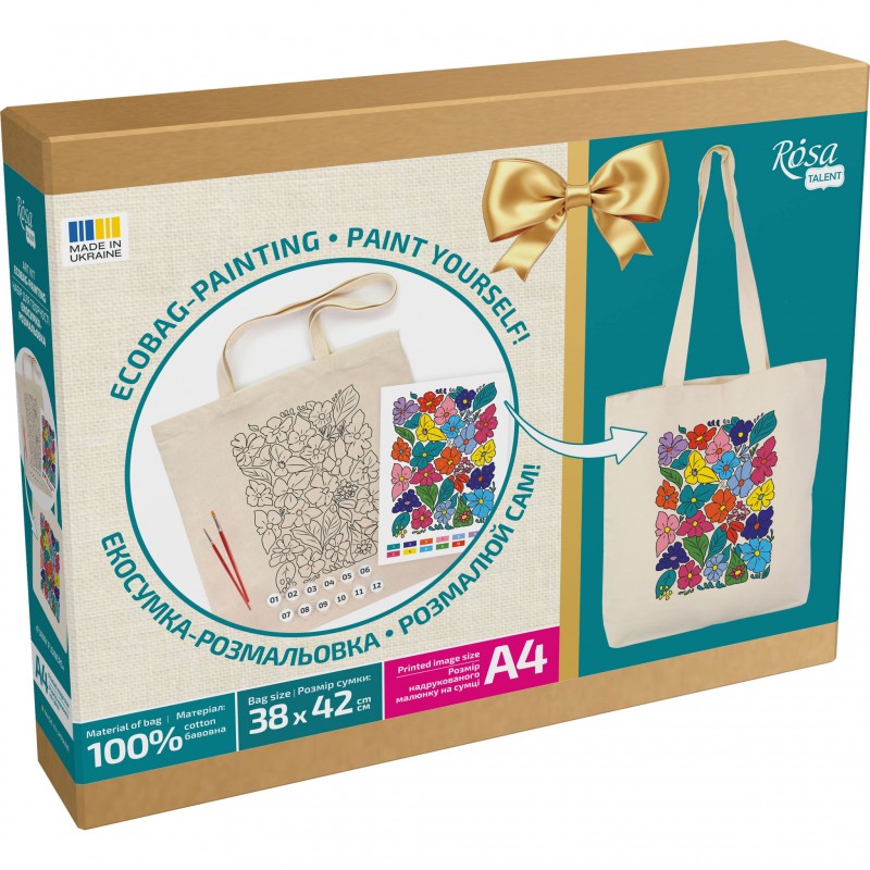 Set, ecobag-coloring, „Funny Flowers“, cotton 220 gsm, 38x42 cm, ROSA Talent