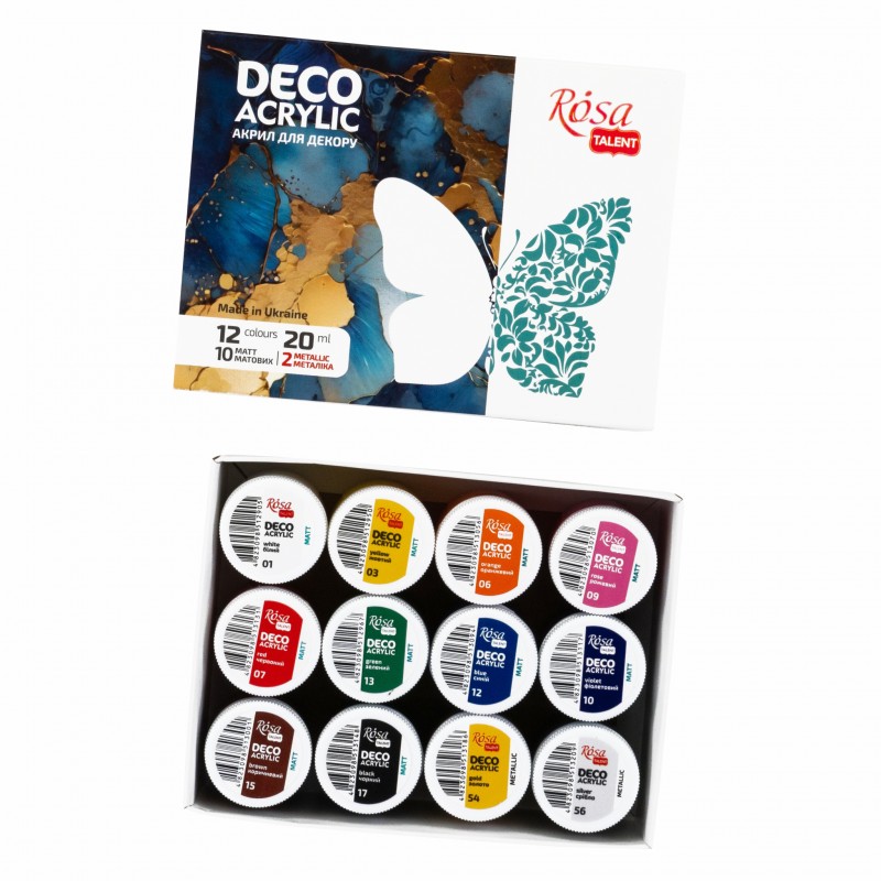 Matt Acrylic paint for decor set, 20ml, incl. 2 metallic, ROSA Talent