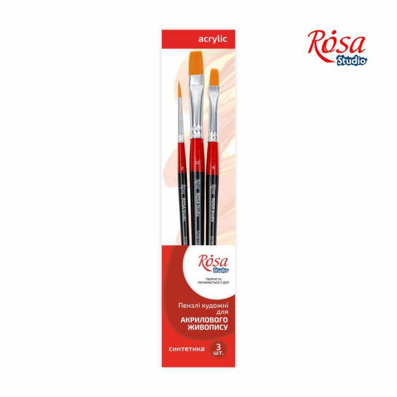 Set of brushes 7, Synthetic, 3pc., Flat №6, 12, Round №2, Short Handle, ROSA Studio