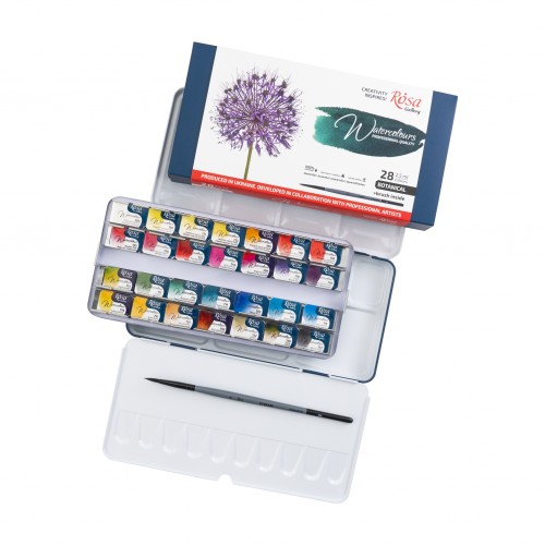 Watercolour set BOTANICAL ROSA Gallery pans + brush in metal case
