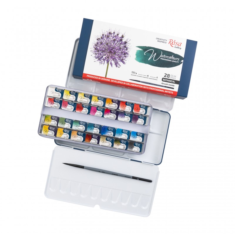 Watercolour set BOTANICAL ROSA Gallery pans + brush in metal case