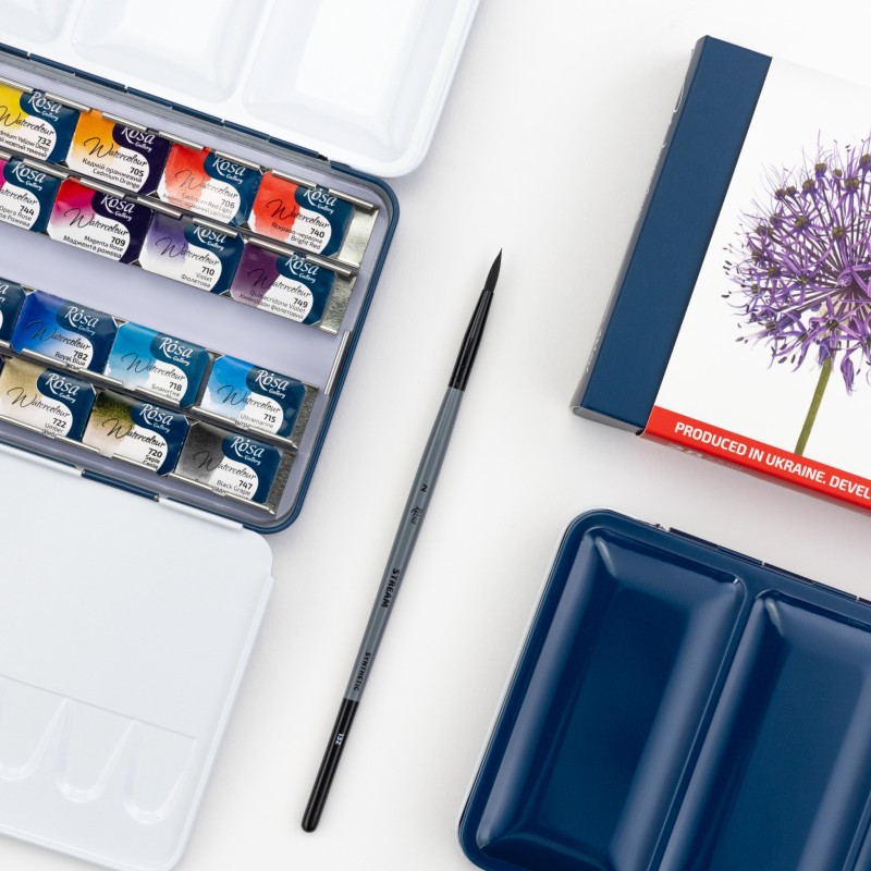Watercolour set BOTANICAL ROSA Gallery pans + brush in metal case