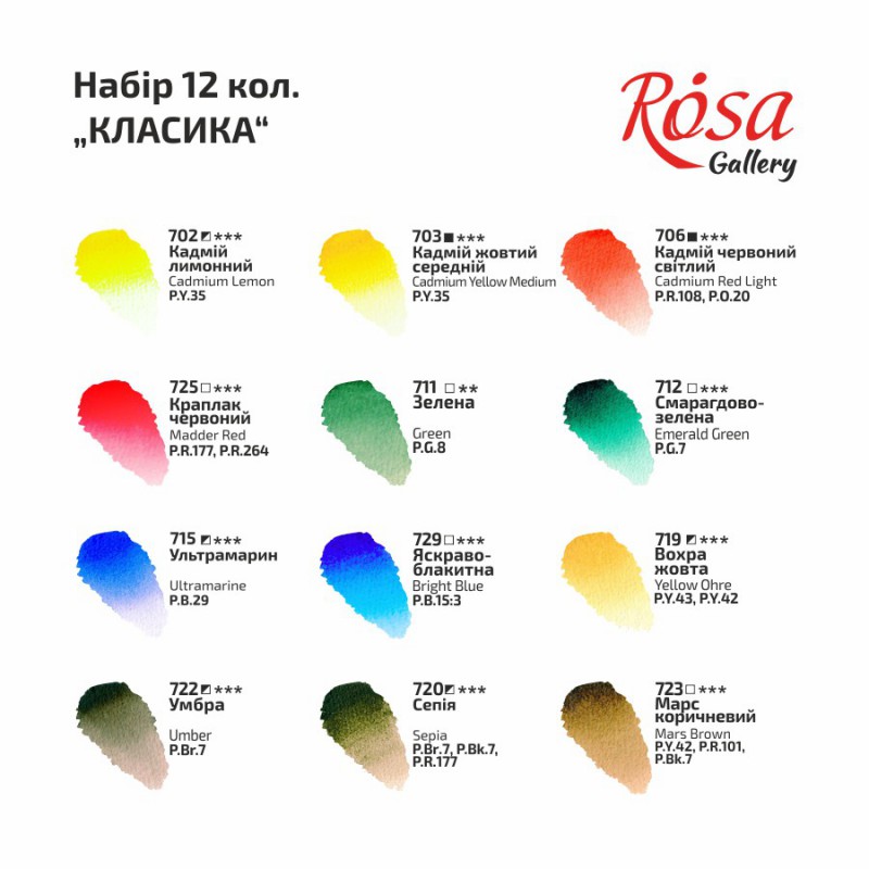 Набір акварельних фарб "Класика" 12 кольорів ROSA Gallery