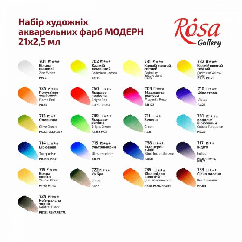 Набір акварелі "Модерн" в металевому пеналі 21 колір ROSA Gallery