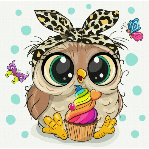 „Owl and Cupcake“, Canvas Panel with outline, 20х20cm, cotton, acrylic, ROSA START
