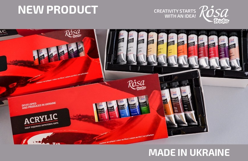 New sets of ROSA Studio acrylic paints in 10 ml tubes in a cardboard box