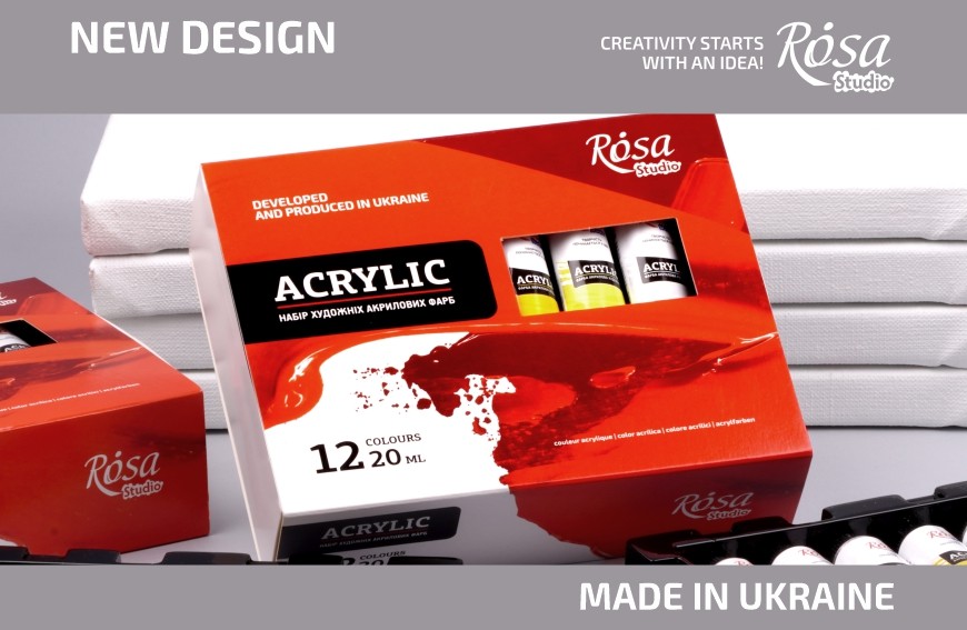 Updated packaging of the ROSA Studio acrylic paint set for 12 colors