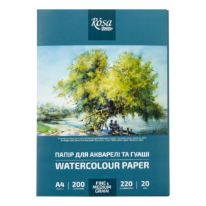 Watercolours paper А4, folder, Medium + Fine grain, 20 sheets, 220-200g/m2, ROSA Studio