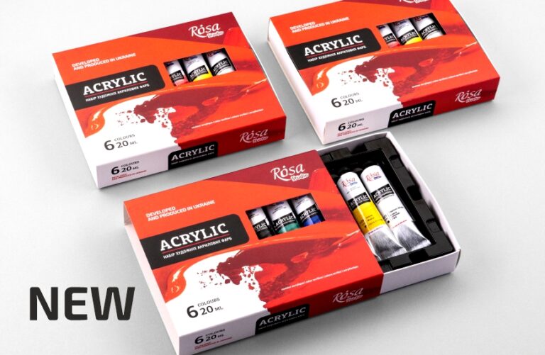 Updated packaging for the ROSA Studio acrylic paint set with 6 colours
